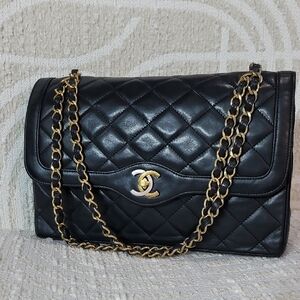 Chanel Paris limited Double Flap Black Quilted Shoulder Bag with Gold Chain